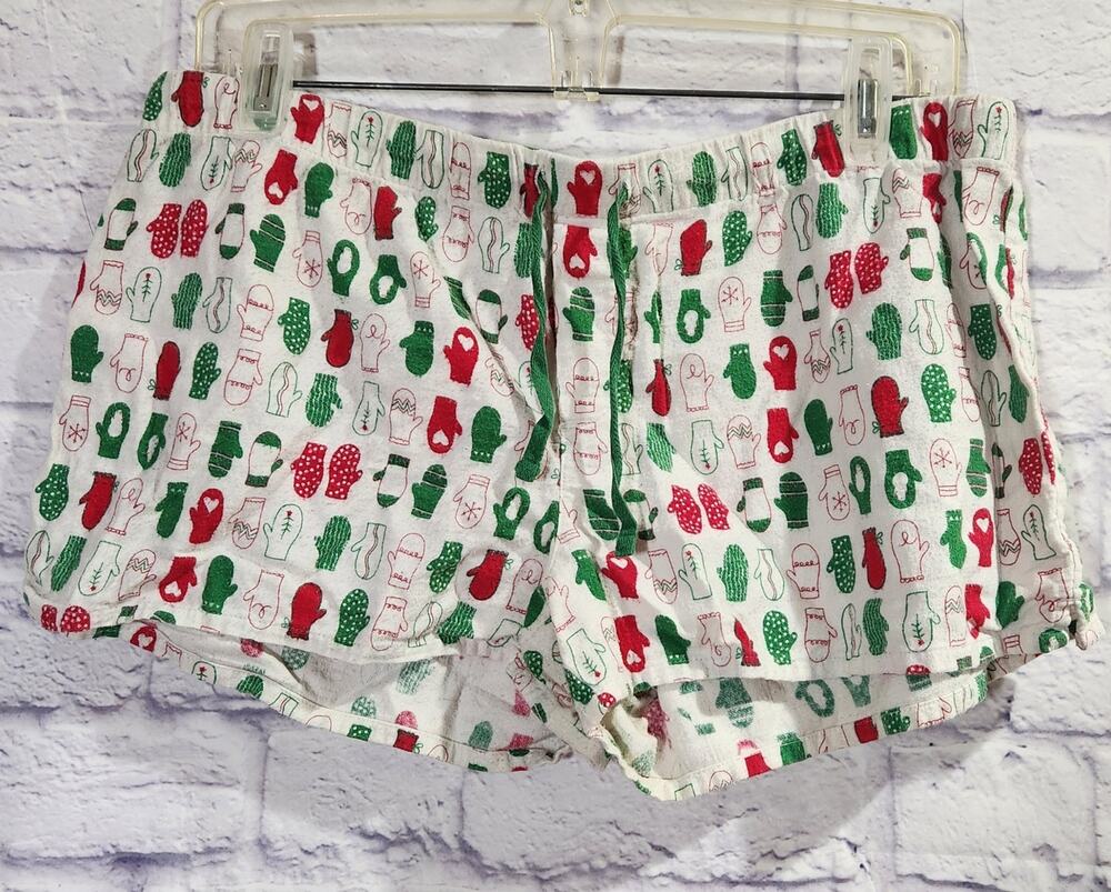 White Red Green Christmas Mittens Print Flannel Sleep Shorts Medium Lightweight